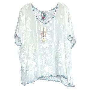 Johnny Was Lillian Dolman Sheer White Embroidered Top